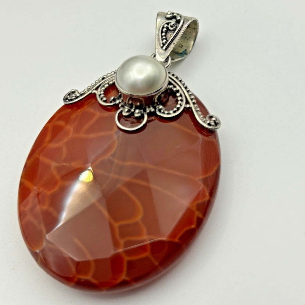 Vintage Meran Sterling Crackled Agate Pendant Oval Large Red Dyed Faceted